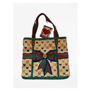 Brighton Multicolor Heart Pattern Tote with Striped Bow Accent